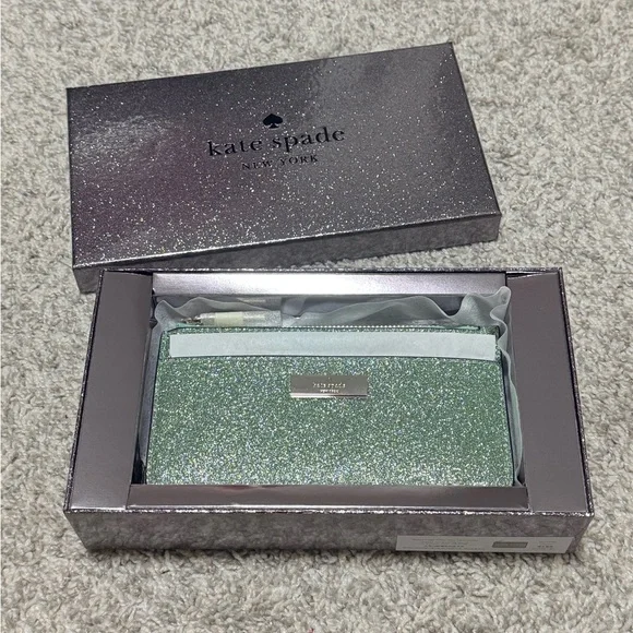 NWT Kate Spade Kenzie Boxed Glitter Large Slim Cardholder in Seawater Green - Picture 6 of 12